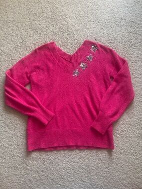 LOFT Fuchsia V-Neck Sweater with Sequin Star Accents